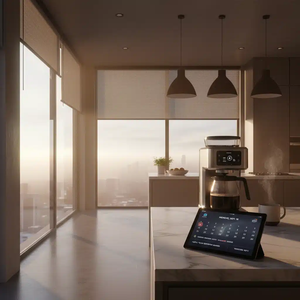 Automated morning routine with smart coffee maker and smart blinds.