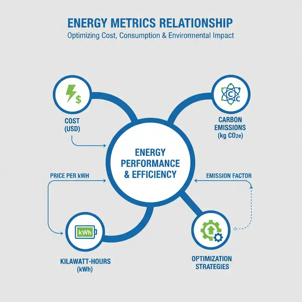 Infographic showing interconnected energy metrics and their impact on efficiency