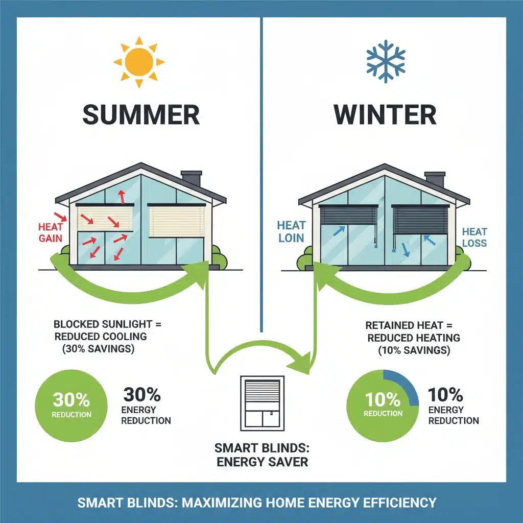 Infographic showing energy savings from smart blinds in a home