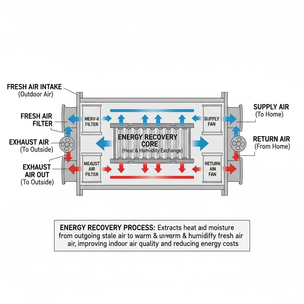 Diagram of a heat recovery ventilator (HRV) showing air exchange