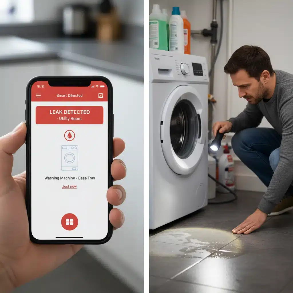 Smartphone app showing leak alert, person inspecting washing machine.