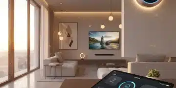 Modern US smart home interior with integrated smart devices and central control panel