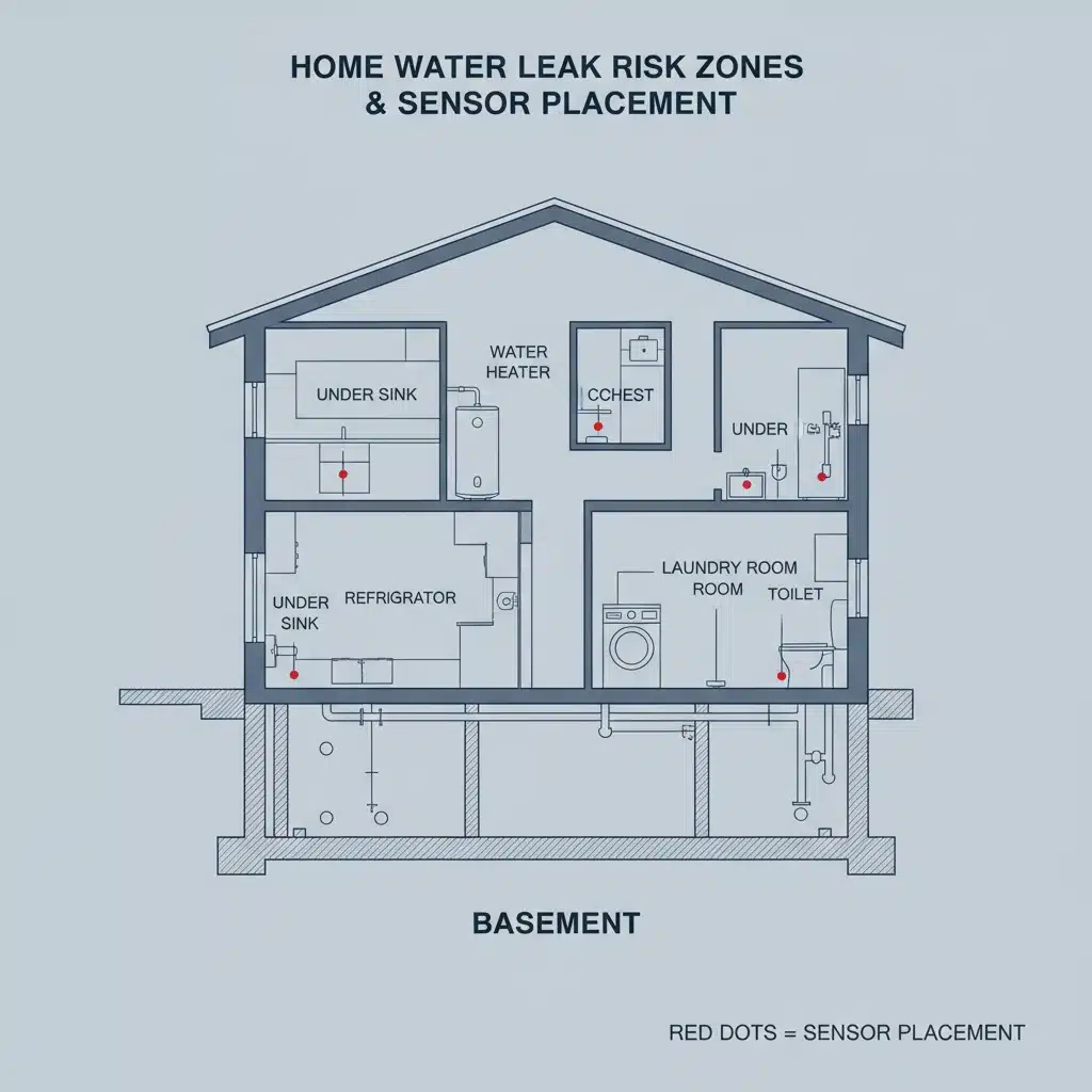 Diagram showing ideal smart leak sensor placement in home.