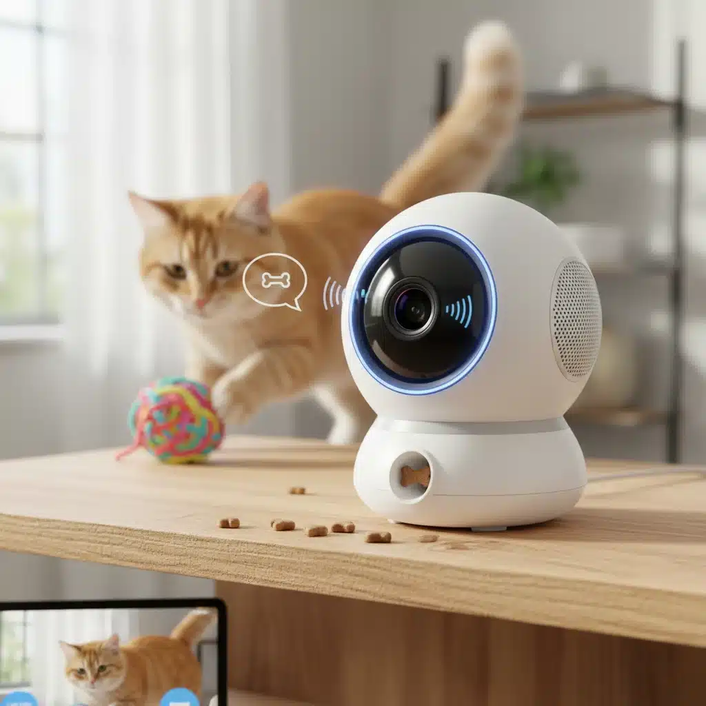 Smart pet camera with treat dispenser and two-way audio monitoring a playful cat.