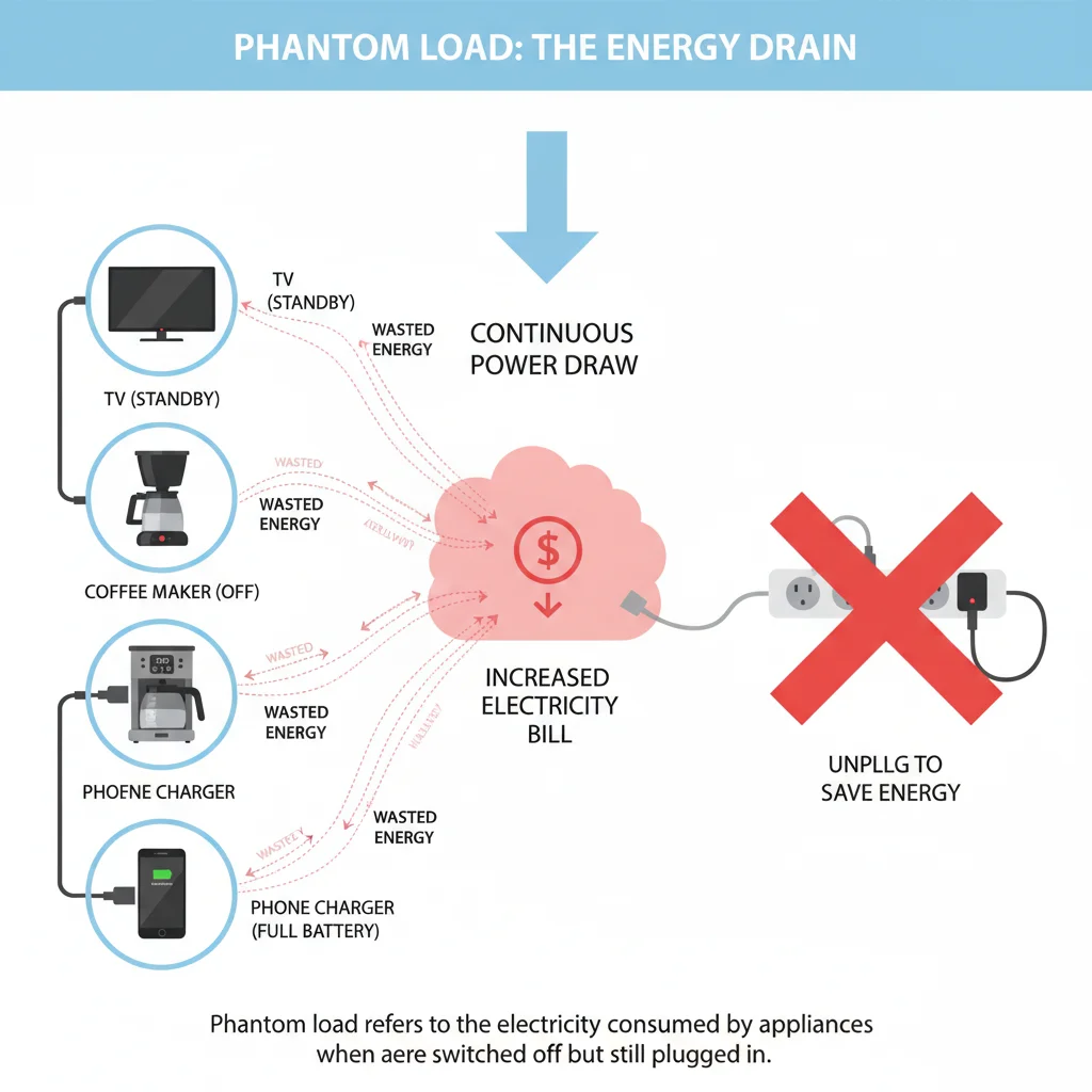 Diagram showing various appliances consuming phantom load while plugged in