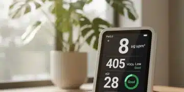 Modern smart air quality monitor showing indoor air data in a contemporary home setting.