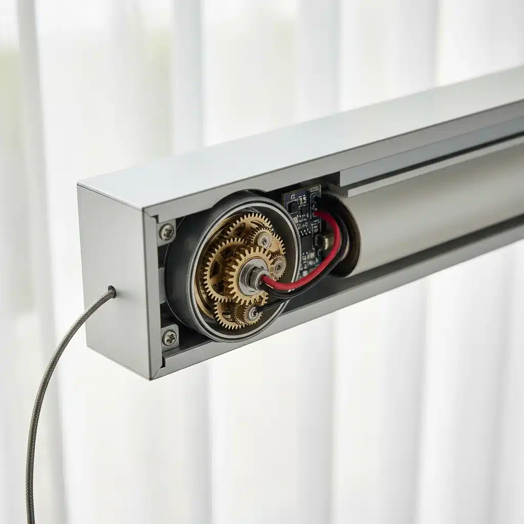 Close-up of smart blind motor mechanism and internal components
