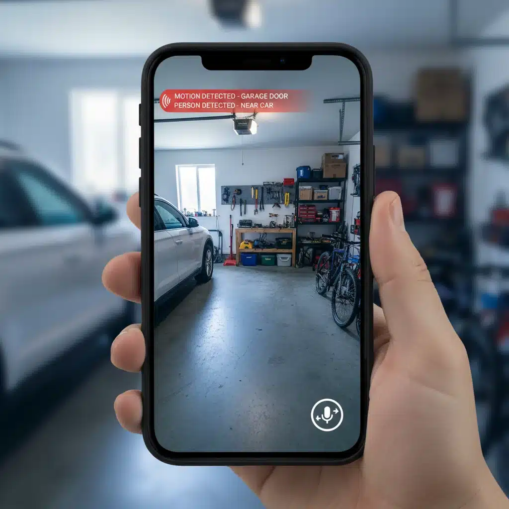 Smartphone app showing live feed from a smart garage security camera