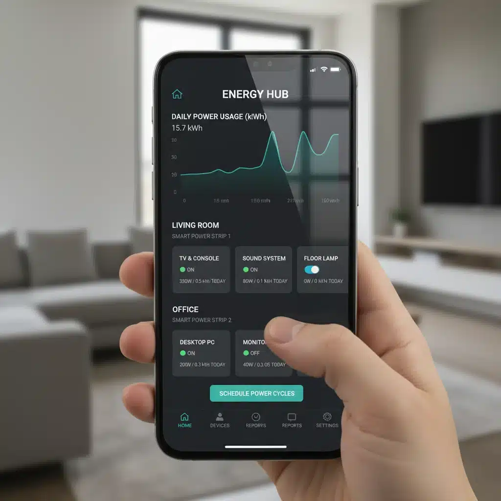 Smartphone app controlling smart power strip energy consumption data