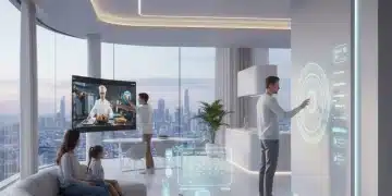 Family enjoying a smart home with automated lighting and climate control in a modern living room.