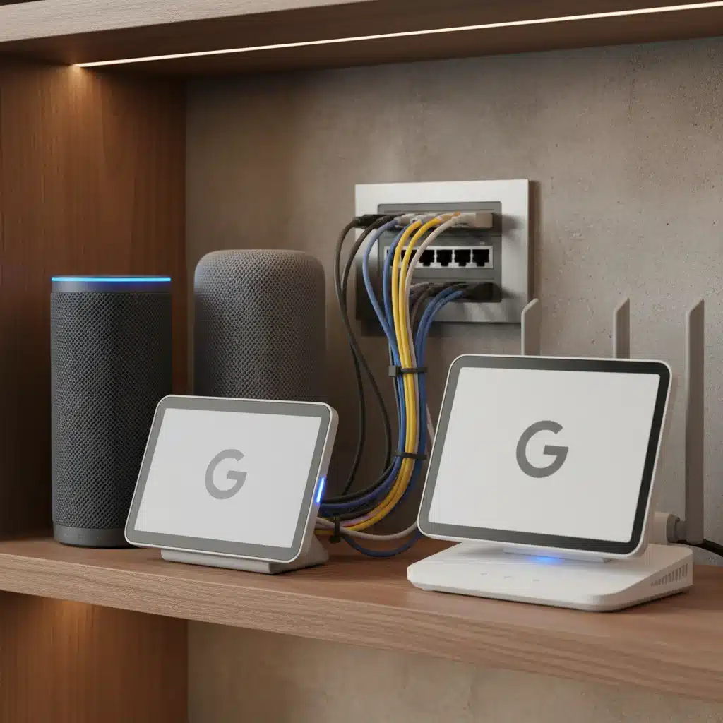 Array of smart home hubs and gateways connected to a router, representing a central control system