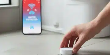Hand placing smart leak sensor near toilet, phone showing water alert.