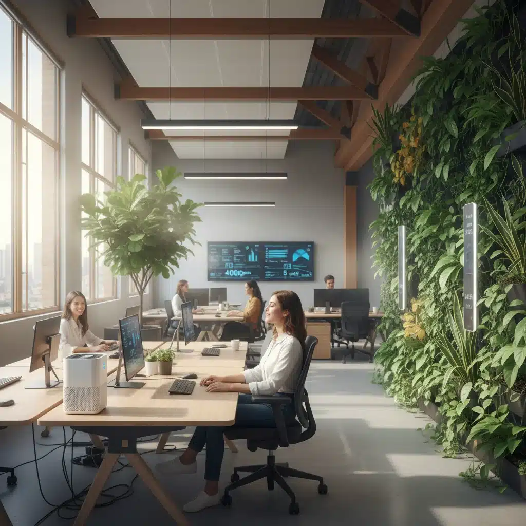 Happy office worker in a smart, well-ventilated office environment
