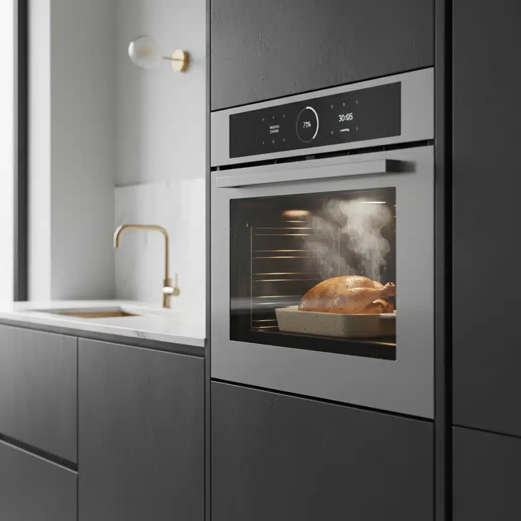 Modern smart oven displaying cooking progress on a digital screen