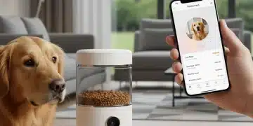 Golden retriever dog looking at a smart pet feeder in a modern home, with a pet monitoring app on a smartphone.