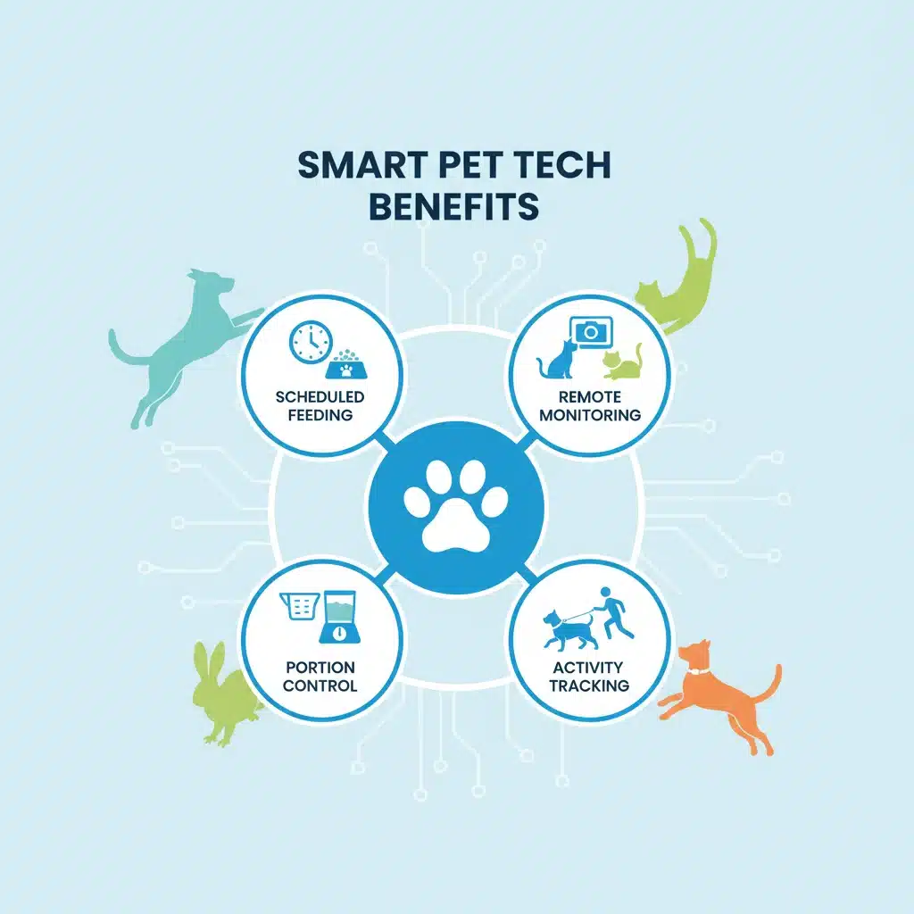 Infographic showing benefits of smart pet tech: scheduled feeding, remote monitoring, portion control, activity tracking.