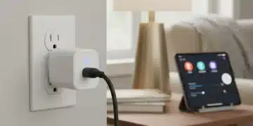 Smart plug controlling a lamp with a tablet in the background