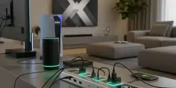 Modern smart power strip with connected electronics, illustrating energy saving