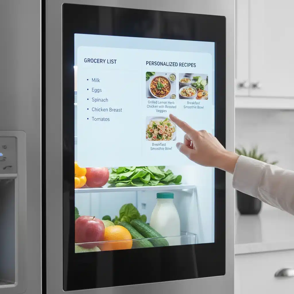 User interacting with a smart refrigerator touch screen for recipes and groceries
