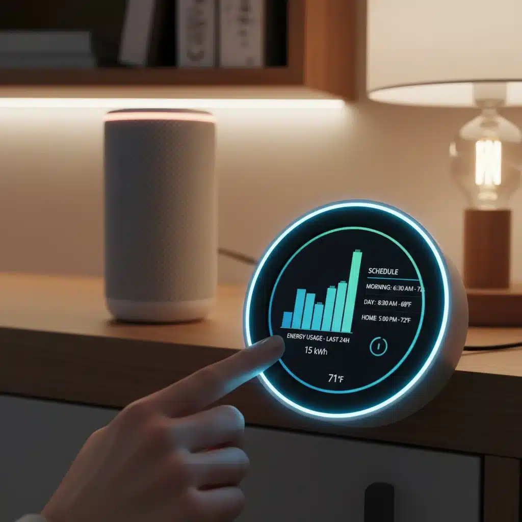 Smart thermostat display showing energy savings and schedule settings.