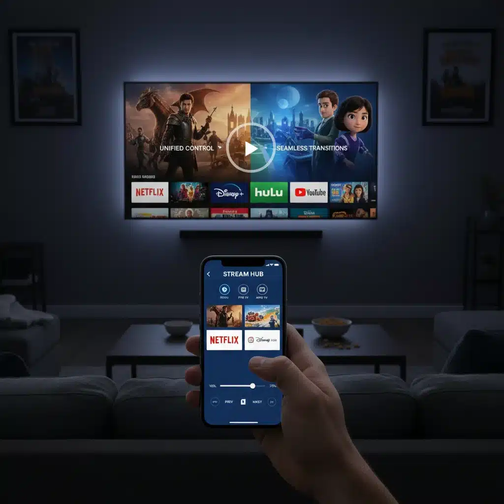 Smartphone app controlling multiple streaming devices in a smart media center