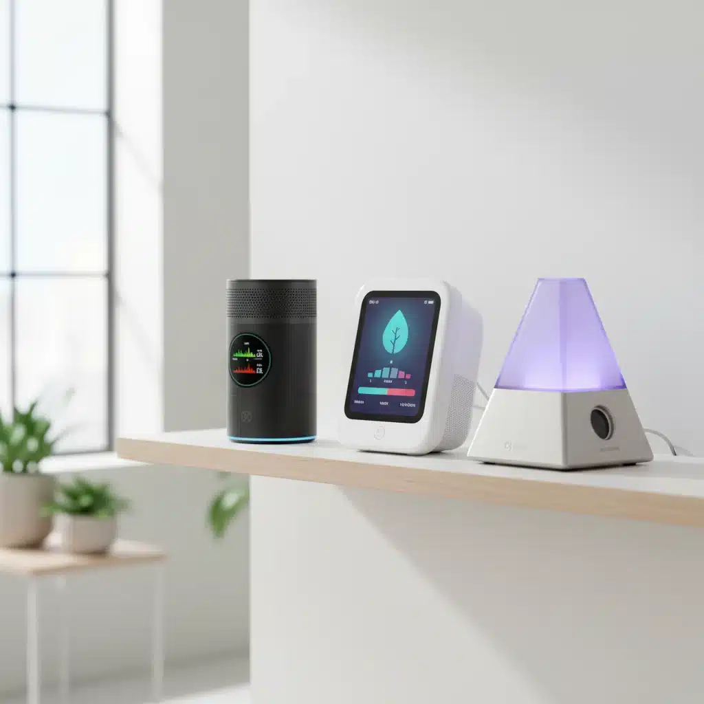 Comparison of three different smart air quality monitor devices on a shelf.