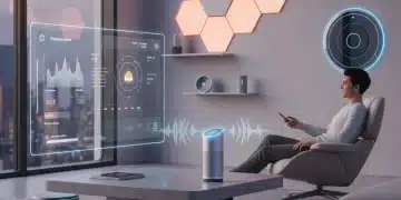 Person interacting with smart speaker in a modern, voice-controlled living room.