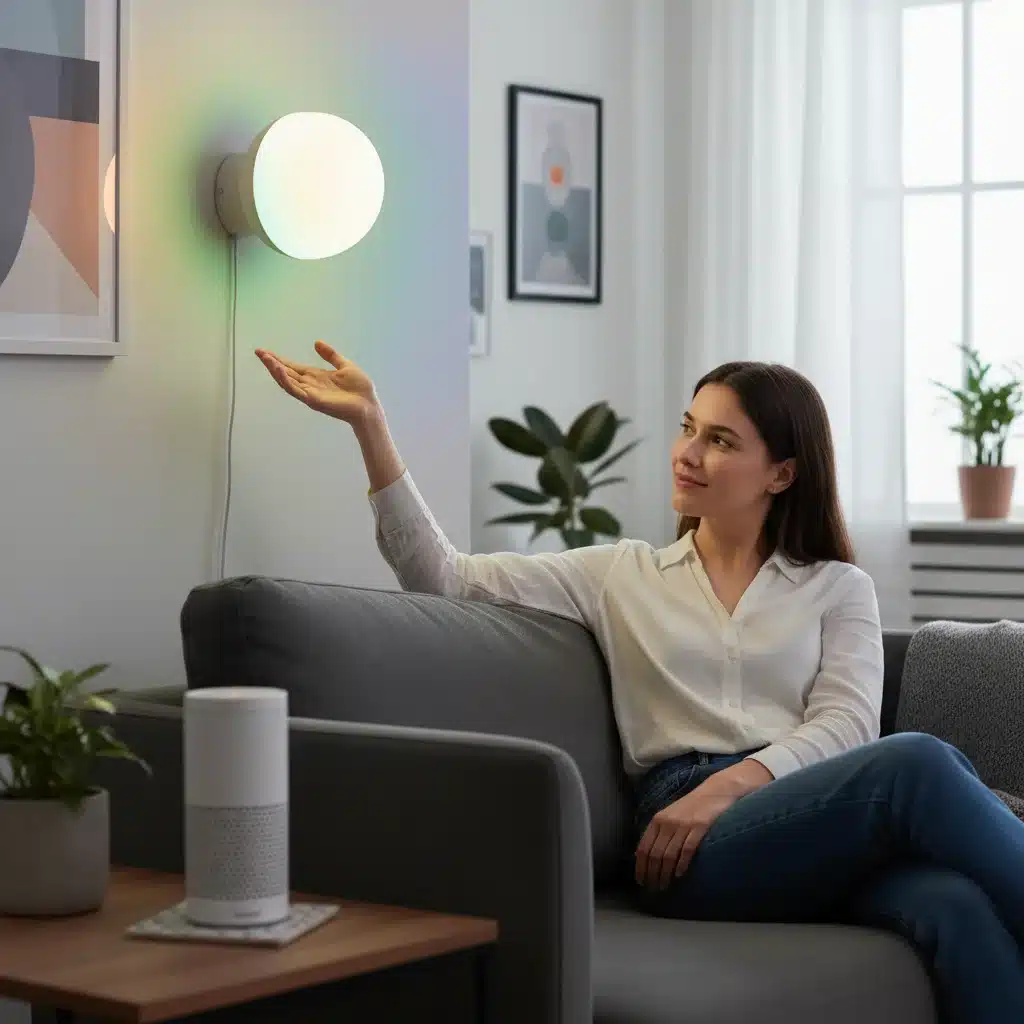 User controlling smart lights with voice command from a sofa.