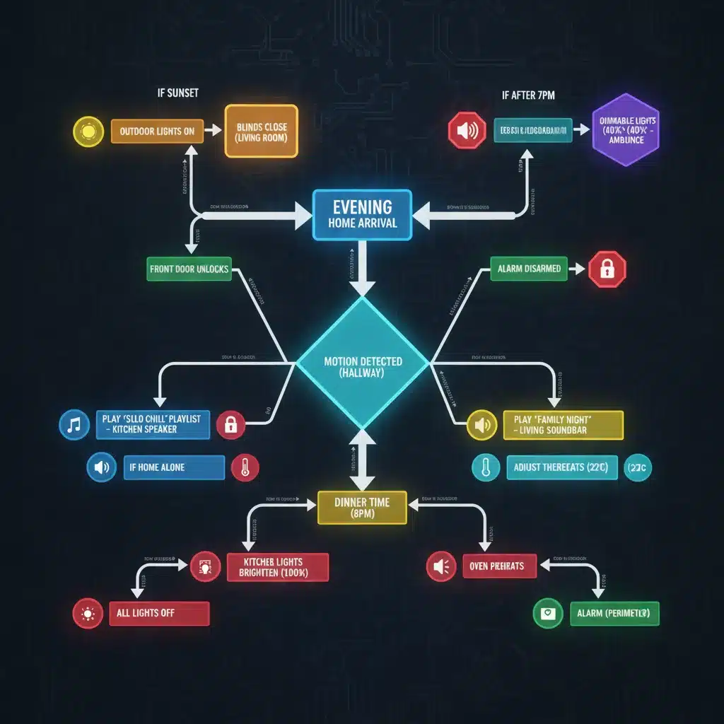 Diagram of a complex advanced smart home automation routine