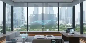 Amazon Alexa Echo and Google Nest Hub in a futuristic smart home living room, representing voice assistant competition.