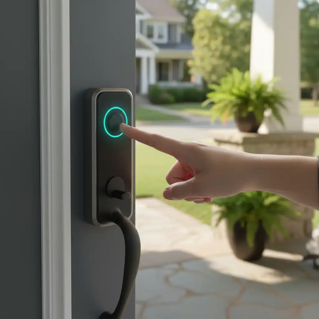 Finger unlocking biometric smart door lock on a modern home.