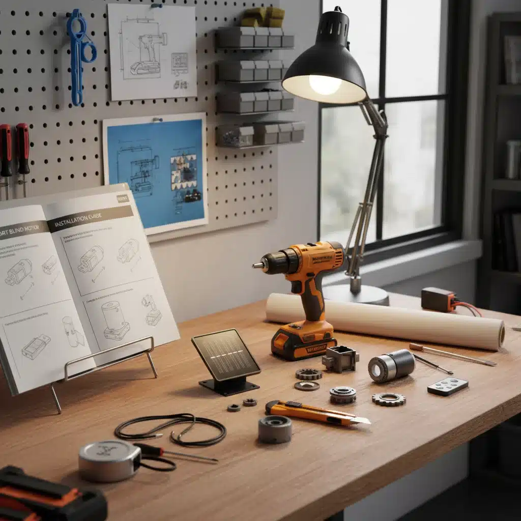 DIY tools and smart blind motor kit on a workbench
