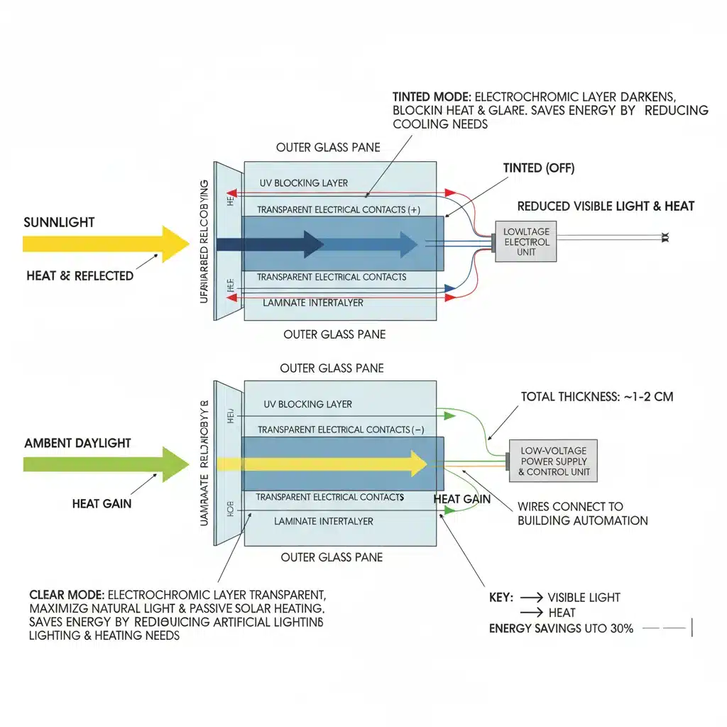 Detailed diagram showing the layers and technology of a dynamic tint smart window for energy efficiency.