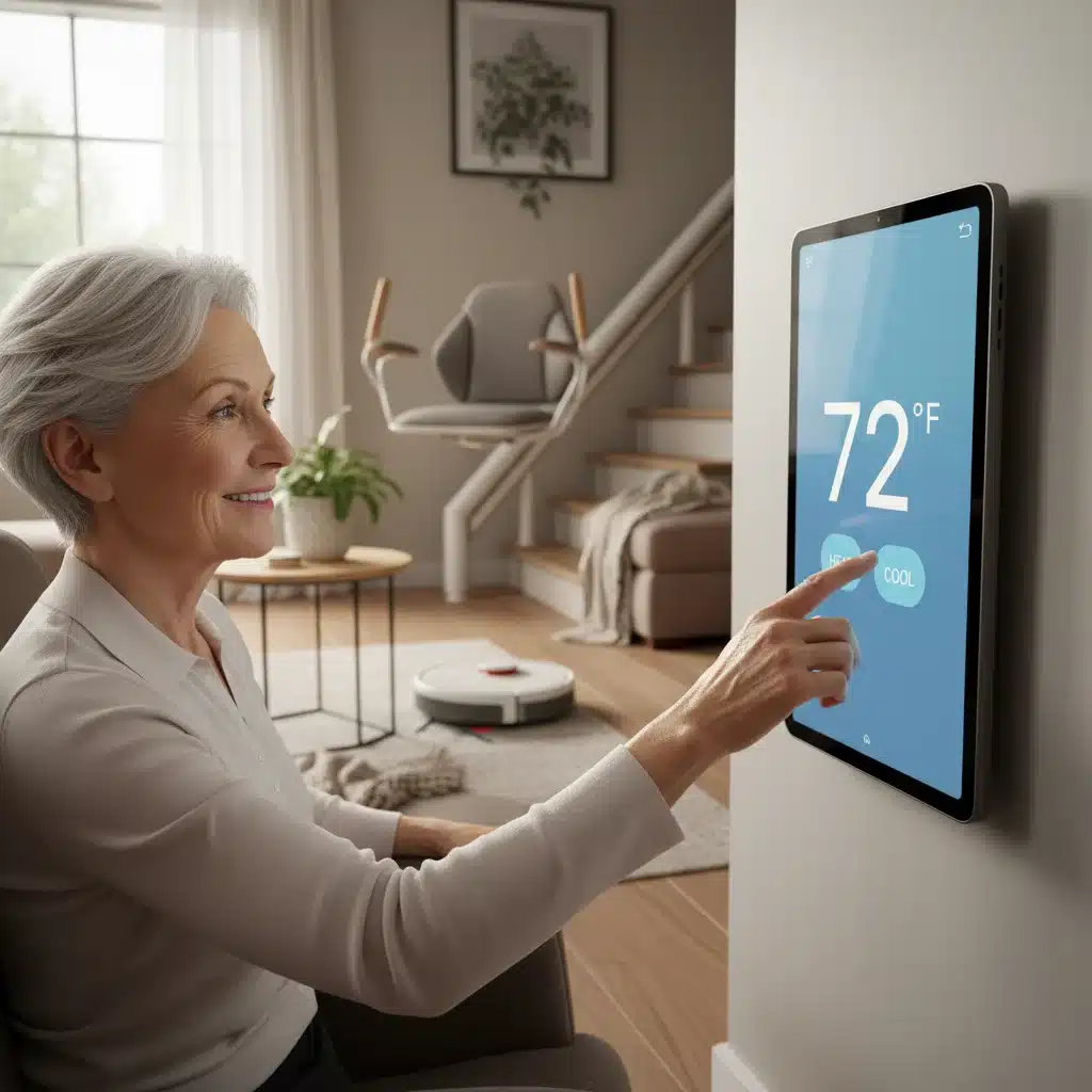 Elderly woman using a smart tablet for home climate control