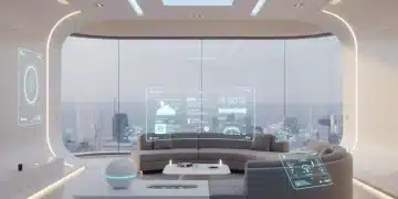 Futuristic living room with integrated AI home automation and smart devices.
