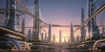 Futuristic cityscape with advanced energy-efficient LED lighting systems at dusk