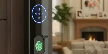 Futuristic smart door lock with digital keypad and fingerprint scanner on a modern home door.