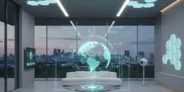 Futuristic smart home interior with integrated devices controlled by a central hub