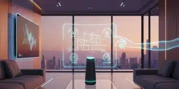 Futuristic smart home living room with advanced voice control interface