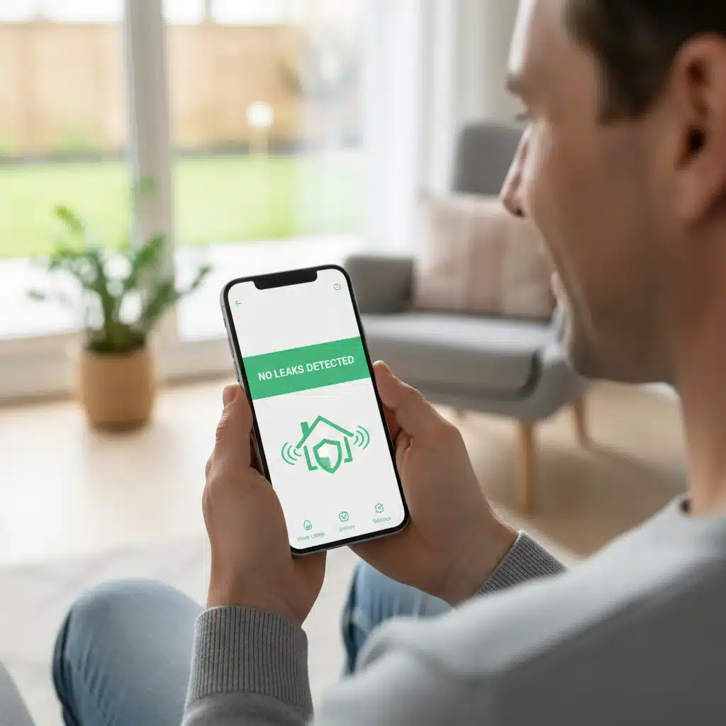 Homeowner checking water leak detector app on smartphone