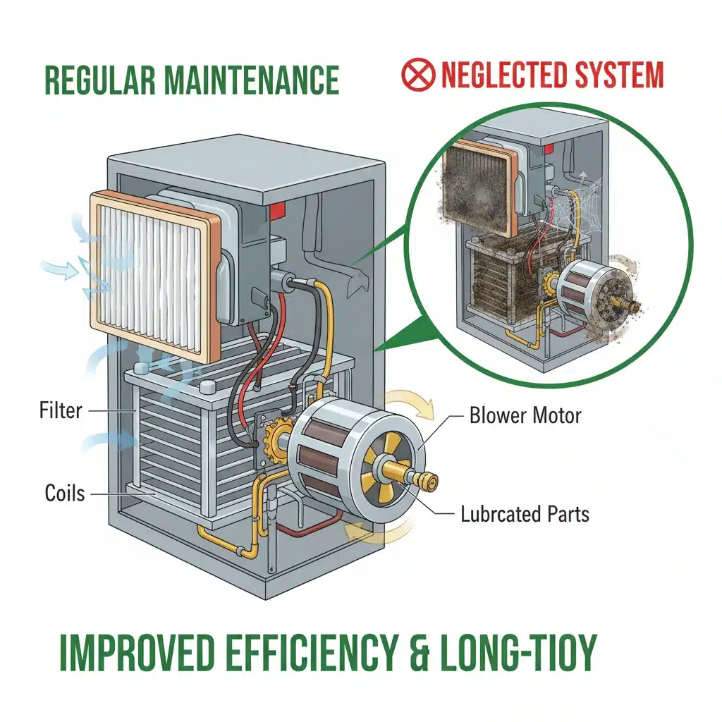 Clean and well-maintained HVAC system components versus dirty and inefficient parts, illustrating the benefits of tune-ups.