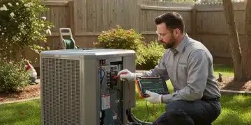 HVAC technician performing a detailed seasonal tune-up on an outdoor unit, ensuring peak performance.