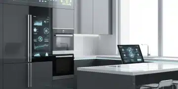 Modern kitchen with integrated smart appliances and home automation tablet