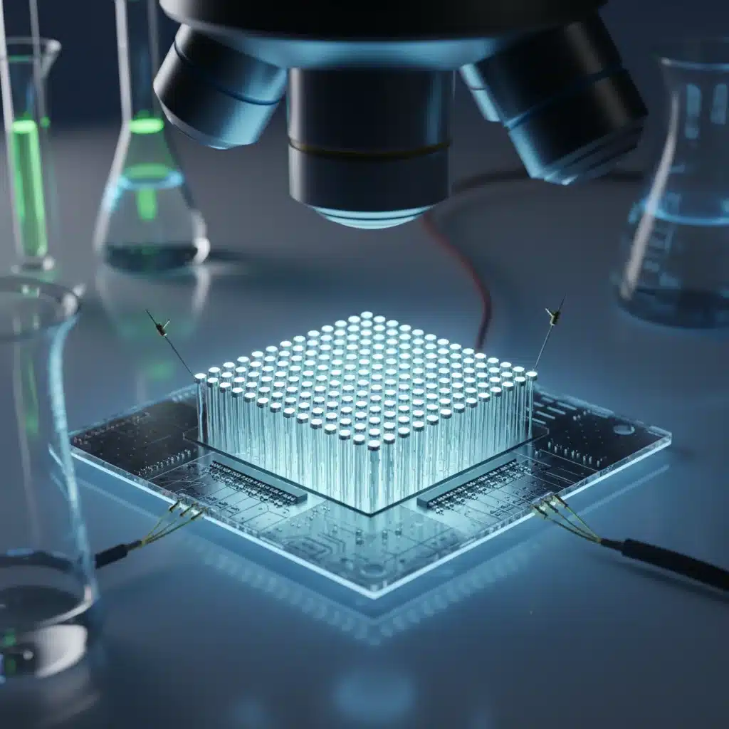 Close-up of a next-generation LED chip with nanoscale structures and advanced materials