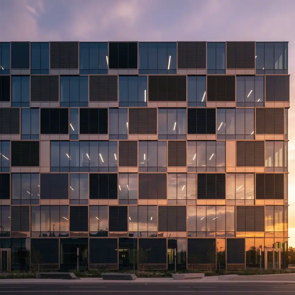 Modern office building facade with smart windows and automated blinds adapting to changing light conditions.