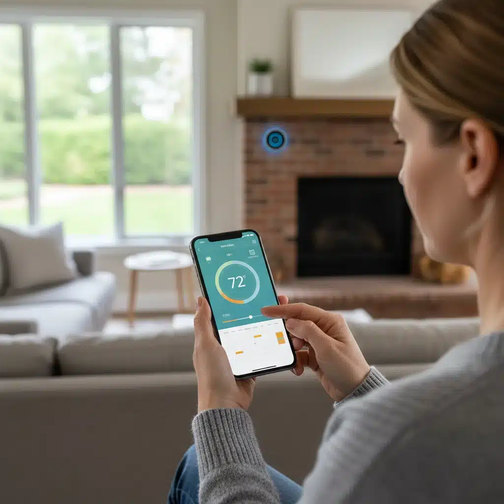 Smartphone app controlling smart thermostat remotely.