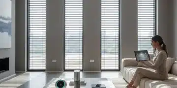 Smart blinds automating four windows in a modern living room