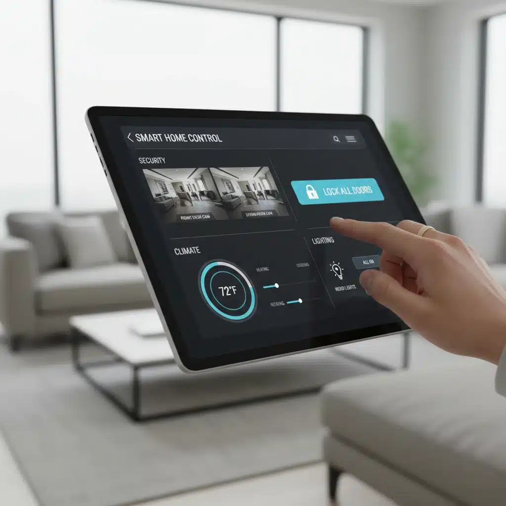 User controlling smart home devices through a tablet app