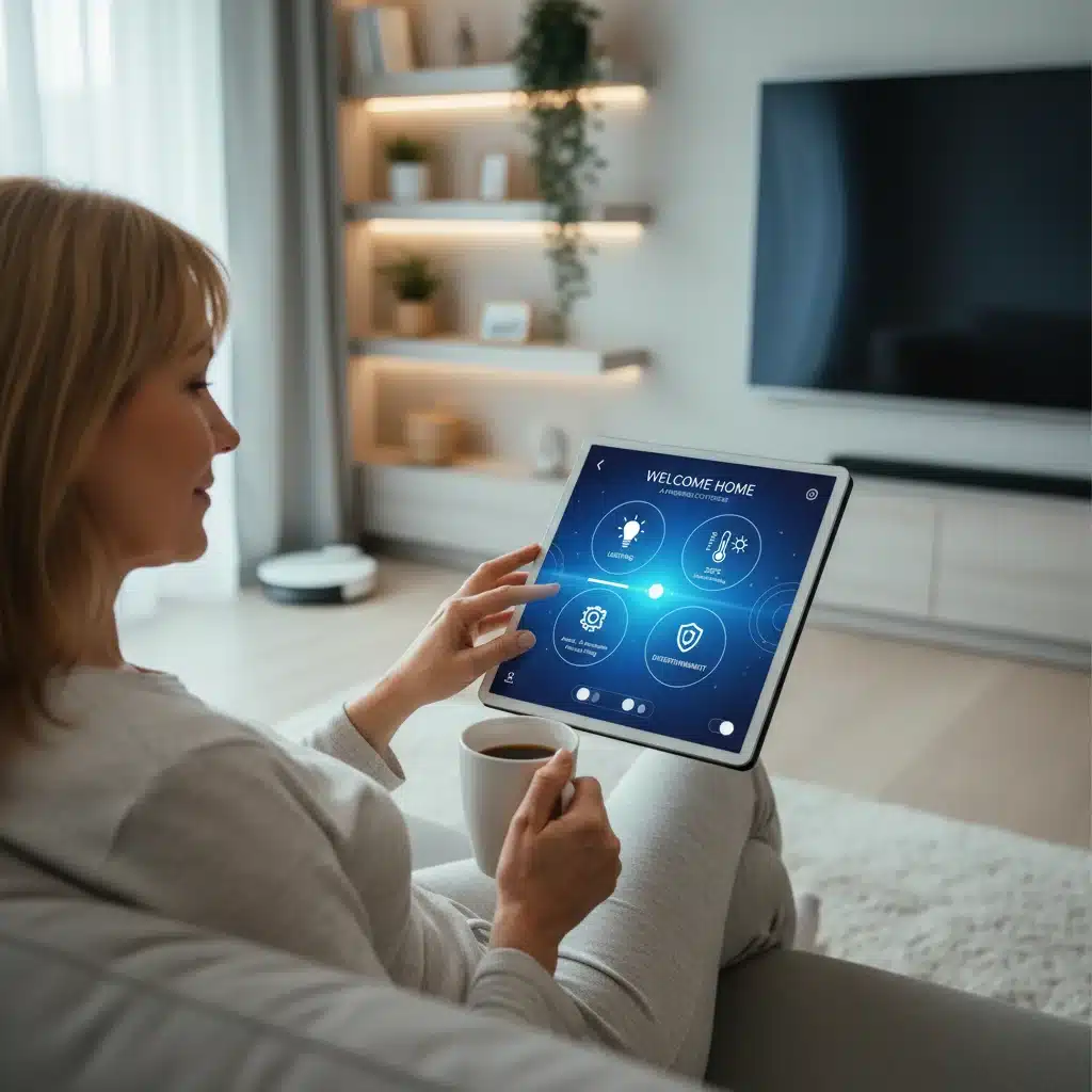 Homeowner using a smart home dashboard for AI-powered controls.