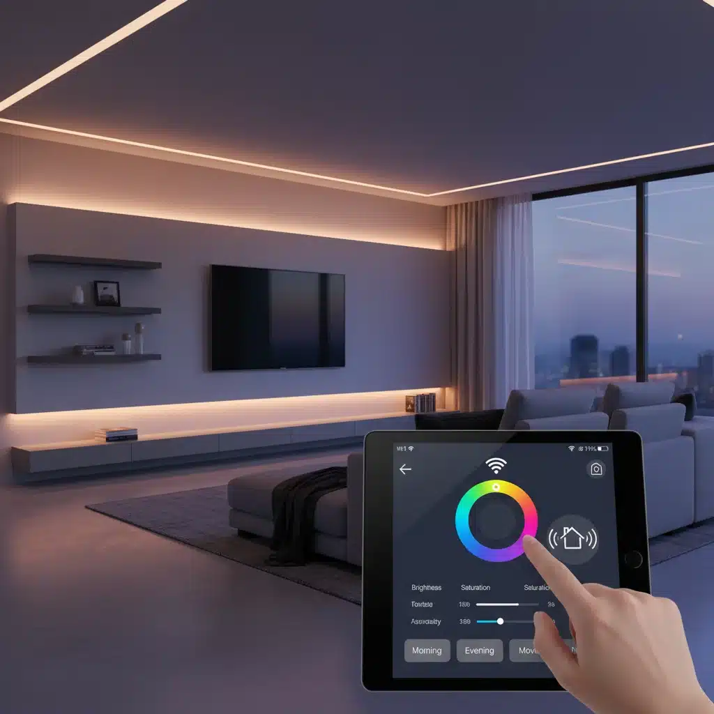 Smart home interior with integrated LED lighting controlled by a tablet, showcasing color and intensity adjustments
